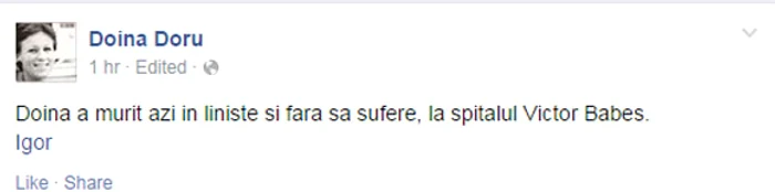 Mesajul postat pe pagina ei de Facebook