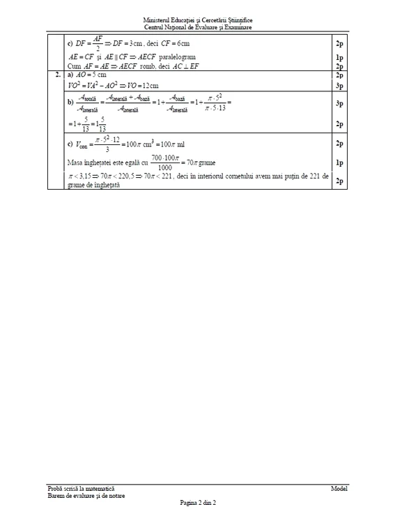 Barem la varianta de subiect la Proba de Matematică de la Evaluarea Naţională 2016