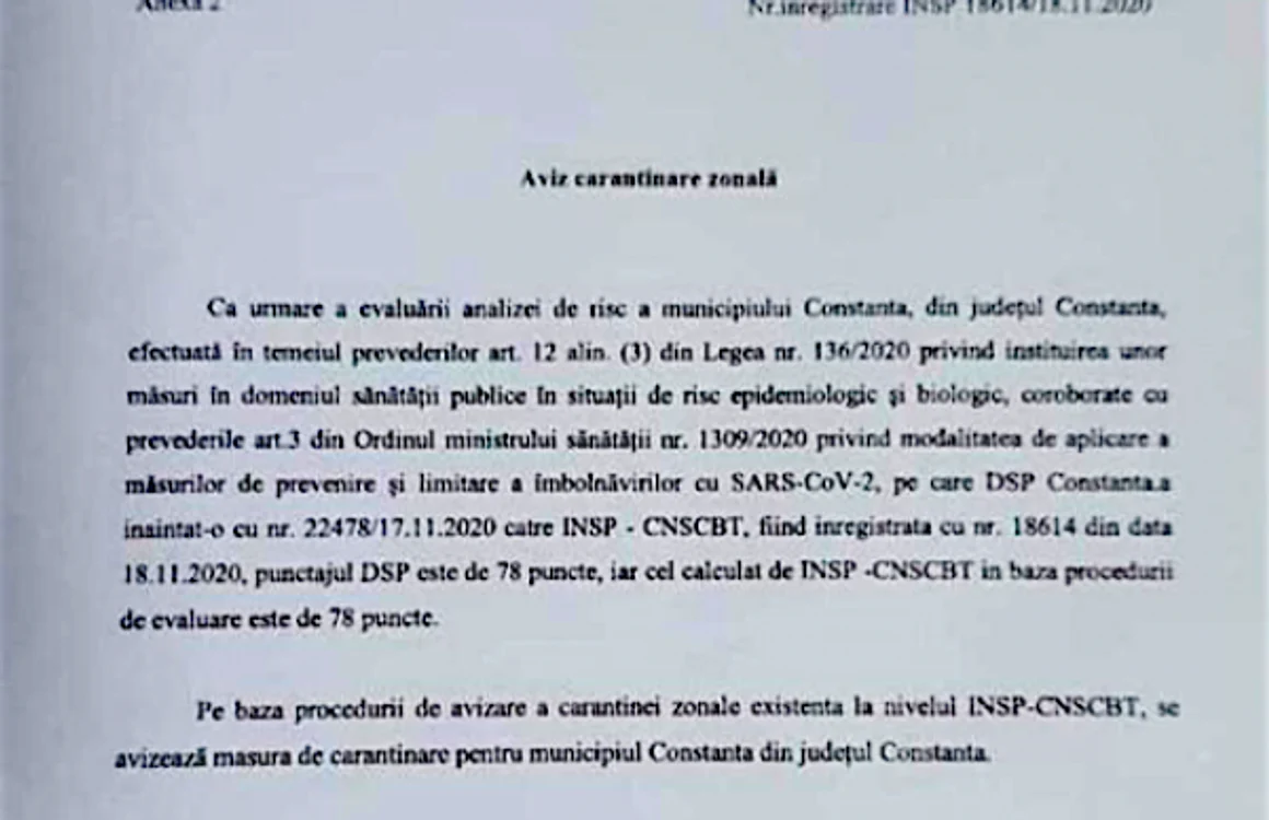 Avizul de carantinare zonală pentru Constanţa - noiembrie 2020