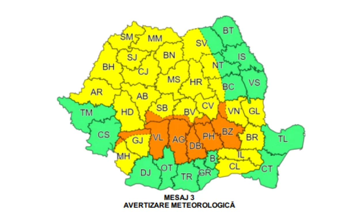 10 județe vor fi afectate de ploi și vijelii sâmbătă după-amiază