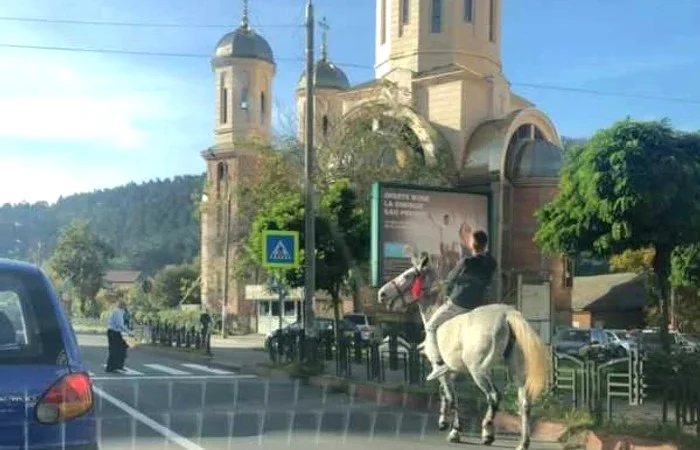 Călăreţul pietrean, dând prioritate la trecerea pentru pietoni. FOTO Facebook