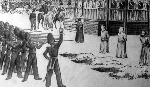 Fyodor Dostoevsky, în fața unui pluton de execuție. Desen de B. Pokrovsky (© Wikimedia Commons)