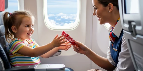 O fetita primeste dulciuri de la o stewardesa in avion FOTO Shutterstock / AI