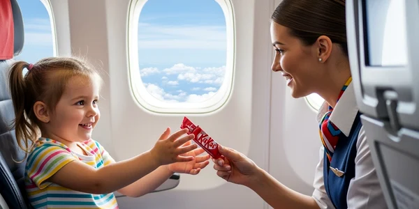 O fetita primeste dulciuri de la o stewardesa in avion FOTO Shutterstock / AI