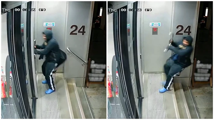 VIDEO Jaf caraghis la Londra. Un hoț a rămas cu mânerul ușii în mână. Nu s-a lăsat și a intrat prin efracție în altă clădire