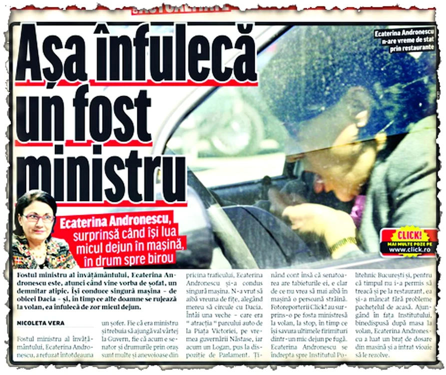 Ecaterina Andronescu a fost surprinsă de fotoreporteri, în luna aprilie, când lua micul dejun la semafor