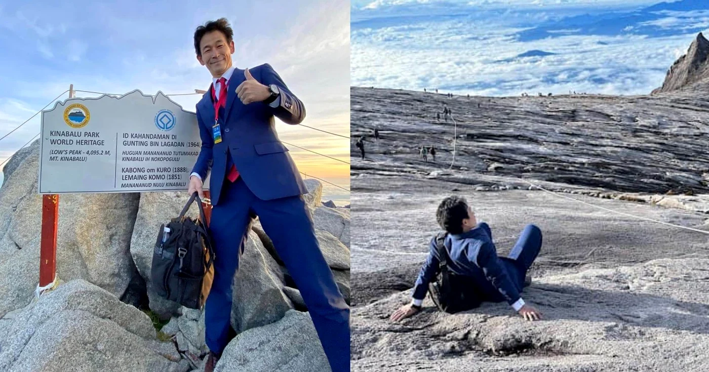 Nobutuka Sada a urcat în vârf de munte, îmbrăcat într-un costum elegant (Foto: Facebook)