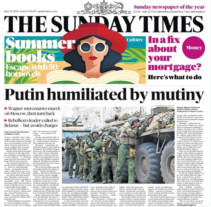 Prima pagină a ziarului Sunday Times: „Putin, umilit de revoltă” FOTO Twitter via The Guardian
