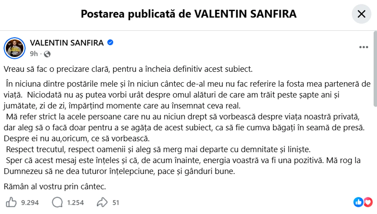 Postarea lui Valentin Sanfira. Foto: captură Facebook
