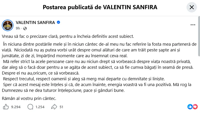 Postarea lui Valentin Sanfira. Foto: captură Facebook