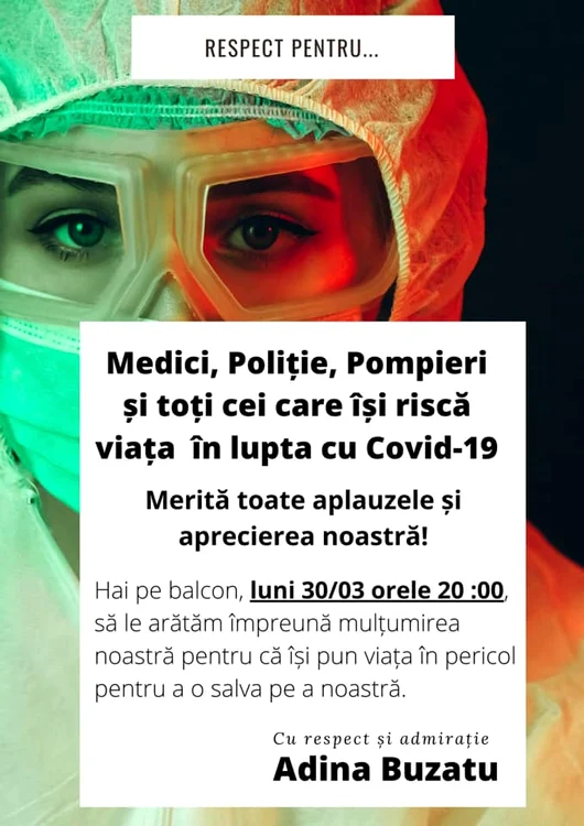 Adina Buzatu își dorește să ieșim cu toții în balcoane, să-i aplaudăm pe cei care luptă „în linia întâi” împotriva coronavirusului