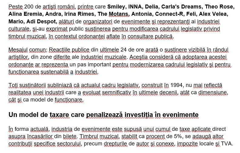 Artiști români, alături de organizatori de evenimente susțin public modificarea timbrului muzical și cer adoptarea urgentă a ordonanței aflate în consultare