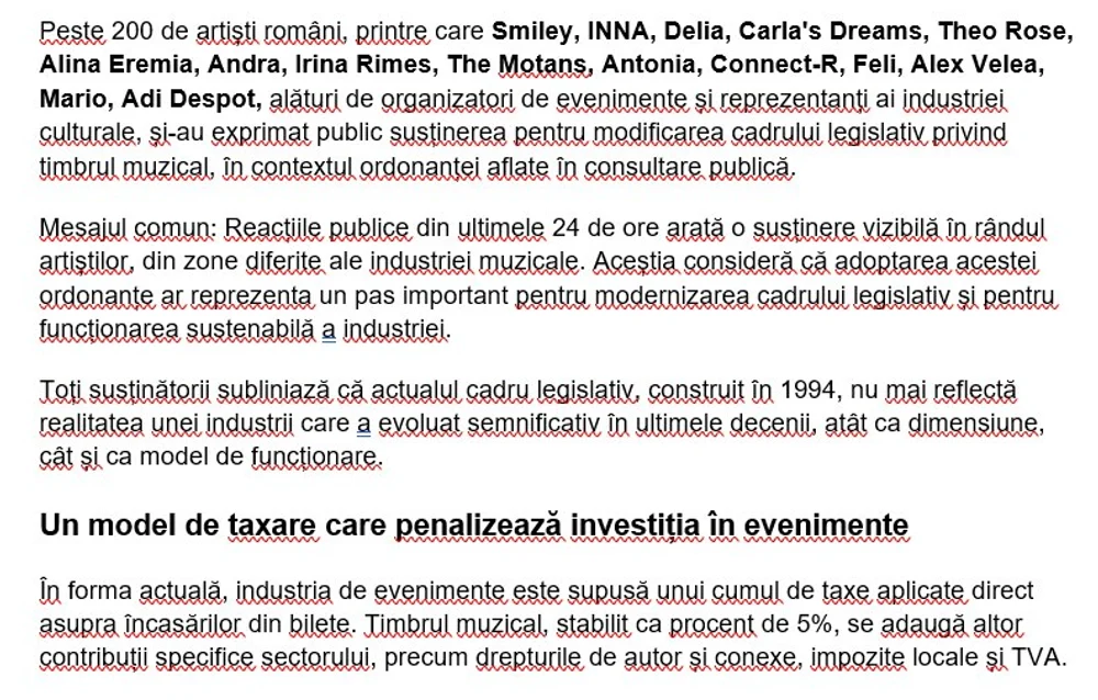 Artiști români, alături de organizatori de evenimente susțin public modificarea timbrului muzical și cer adoptarea urgentă a ordonanței aflate în consultare