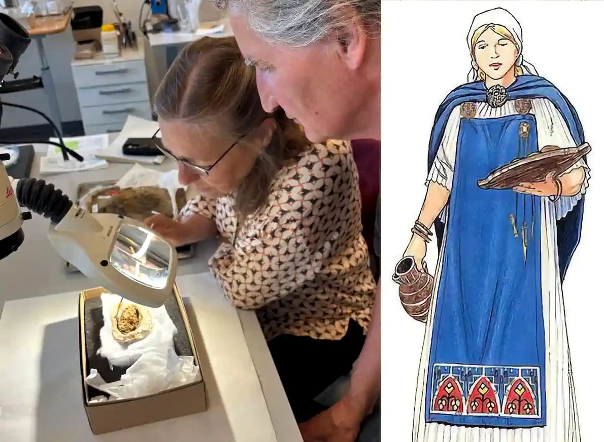 Arheologii examinează una dintre broșe (stânga) și reconstrucția unei rochii vikinge cu broșe