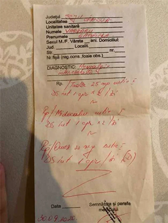 Gabriela Vărzaru primise de la medic o reţetă pentru nevralgie