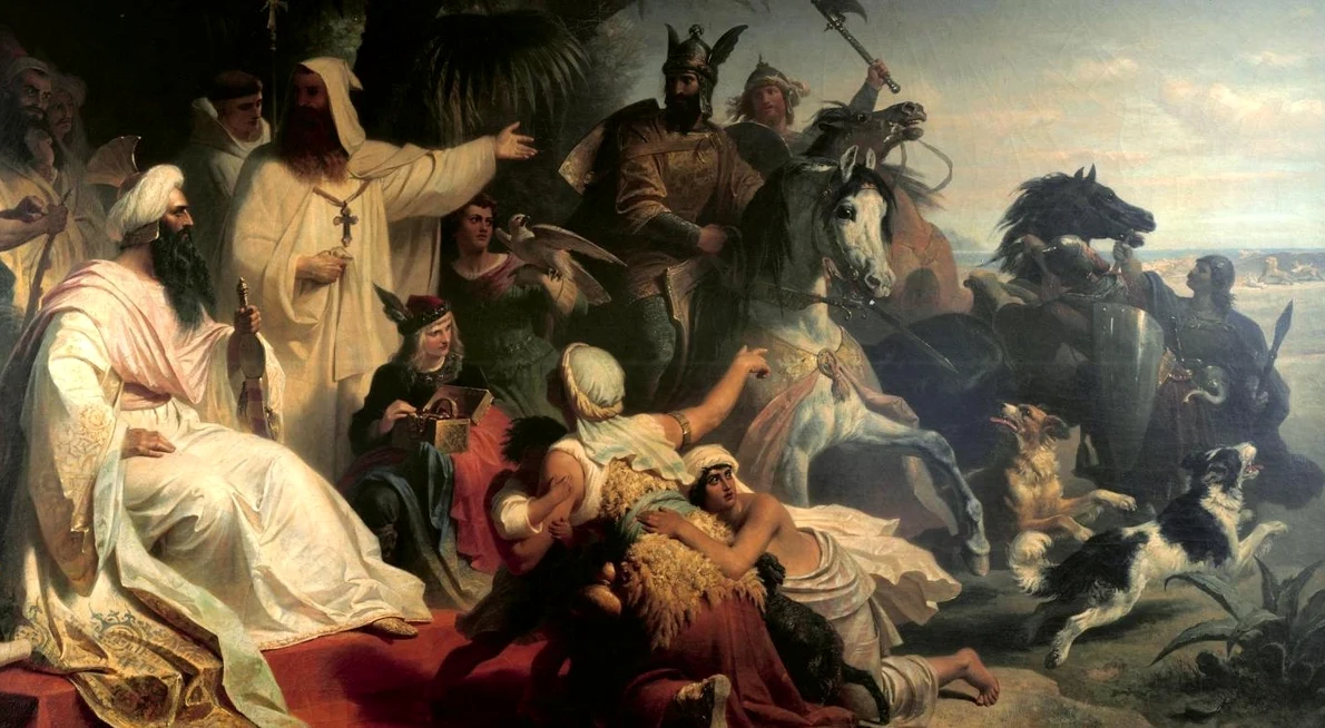 Harun al-Rashid (în stânga) primind o delegație trimisă de Carol cel Mare la curtea sa din Bagdad. Pictură din 1864 de Julius Köckert