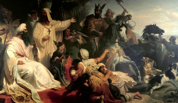 Harun al-Rashid (în stânga) primind o delegație trimisă de Carol cel Mare la curtea sa din Bagdad. Pictură din 1864 de Julius Köckert