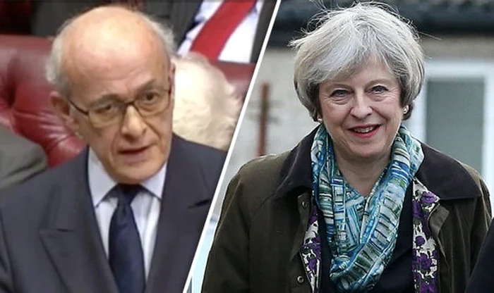 Autorul articolului 50 al Tratatului de la Lisabona, Lordul Kerr Kinlochard ;i premierul britanic Theresa May