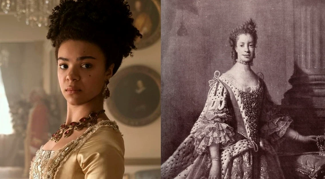 Regina Charlotte, în film și în viața reală. FOTO: Netflix, Profimedia 