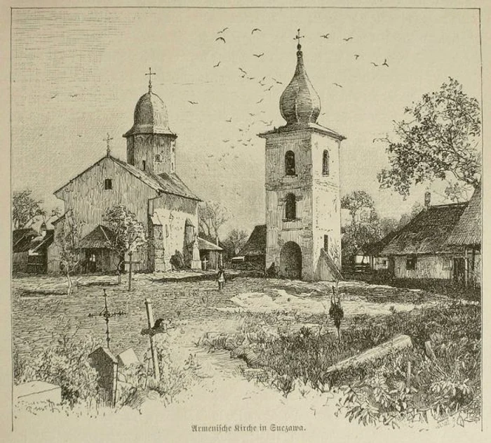 Biserica
Sfântul Simion din Suceava într-o xilografie de Rudolf Ruß din
anul 1899. FOTO: wikipedia.ro