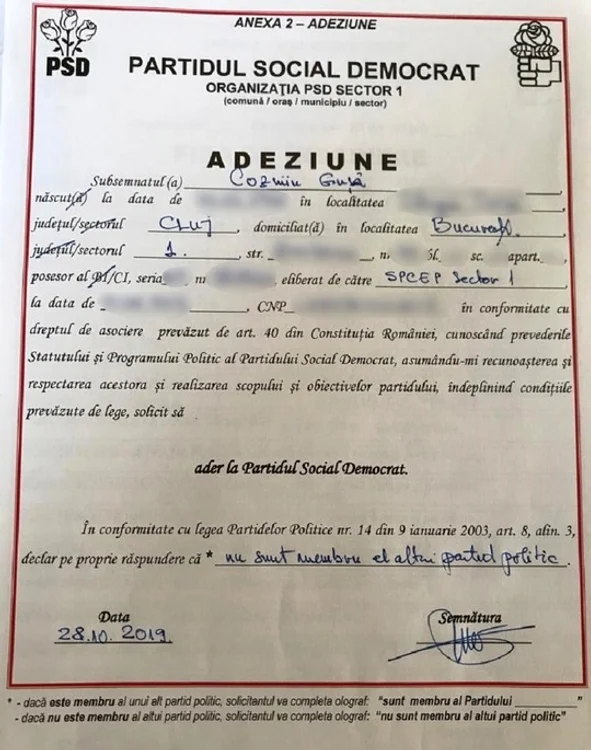 Adeziunea lui Cozmin Gușă la PSD este datată 28 octombrie