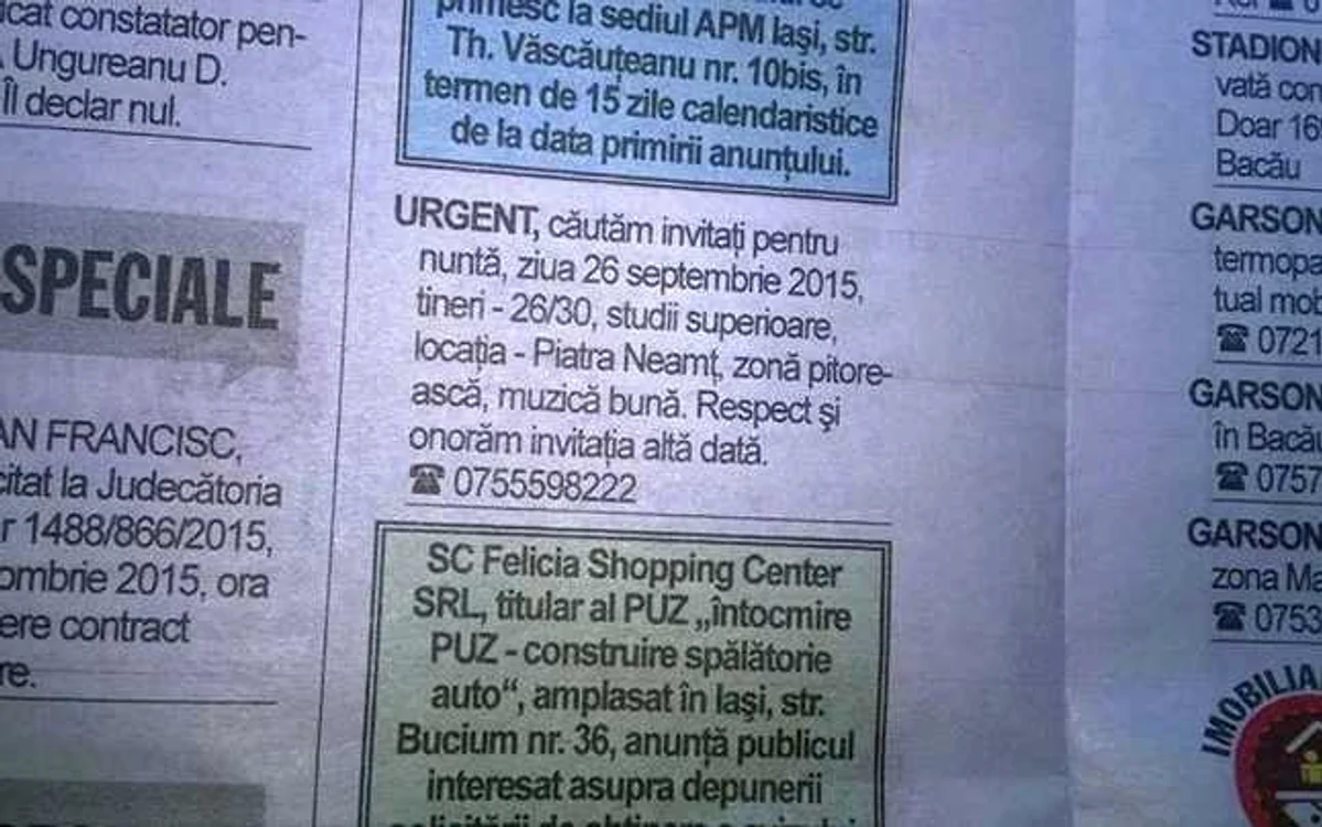 Anunţul a fost publicat la mica publicitate