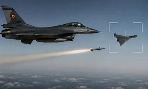 Ilustrație AI cu un F16 care doboară o dronă FOTO MApN / Facebook