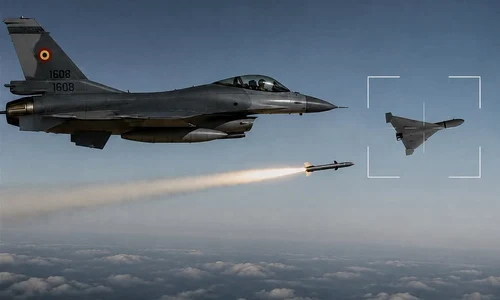 Ilustrație AI cu un F16 care doboară o dronă FOTO MApN / Facebook