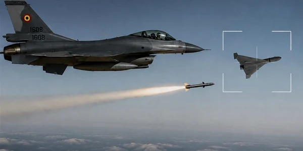 Ilustrație AI cu un F16 care doboară o dronă FOTO MApN / Facebook