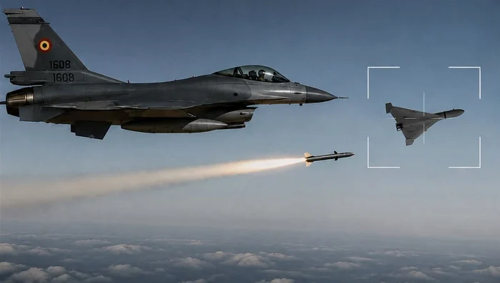 Ilustrație AI cu un F16 care doboară o dronă FOTO MApN / Facebook
