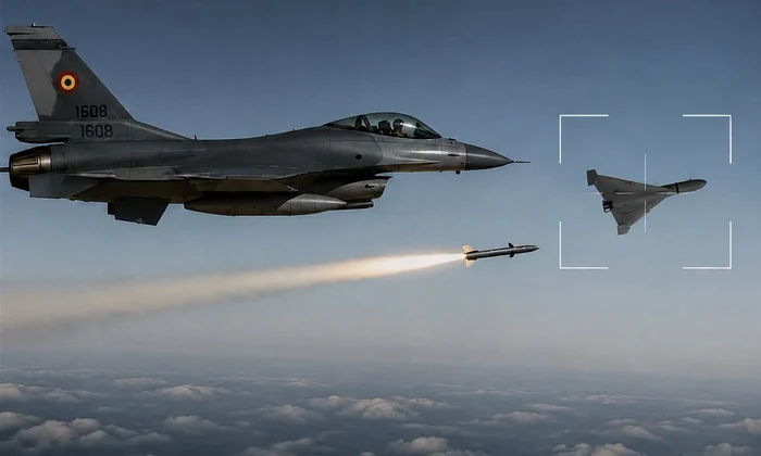 Ilustrație AI cu un F16 care doboară o dronă FOTO MApN / Facebook