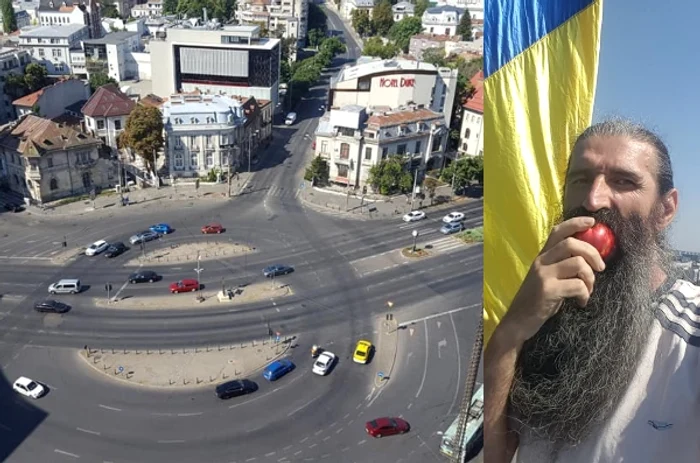 Cezar Avrămuță, cunoscut ca "omul cu tricolorul", s-a urcat pe macaraua din Piața Romană și amenință că se aruncăfoto: Facebook