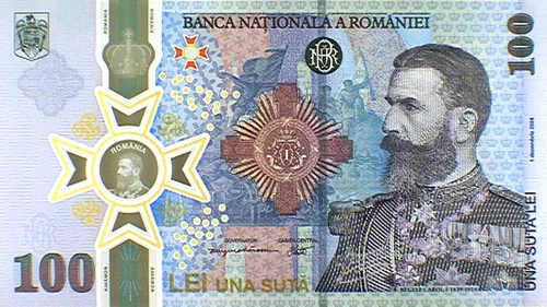Bancnota aniversară de 100 lei cu chipul Regelui Carol I - avers