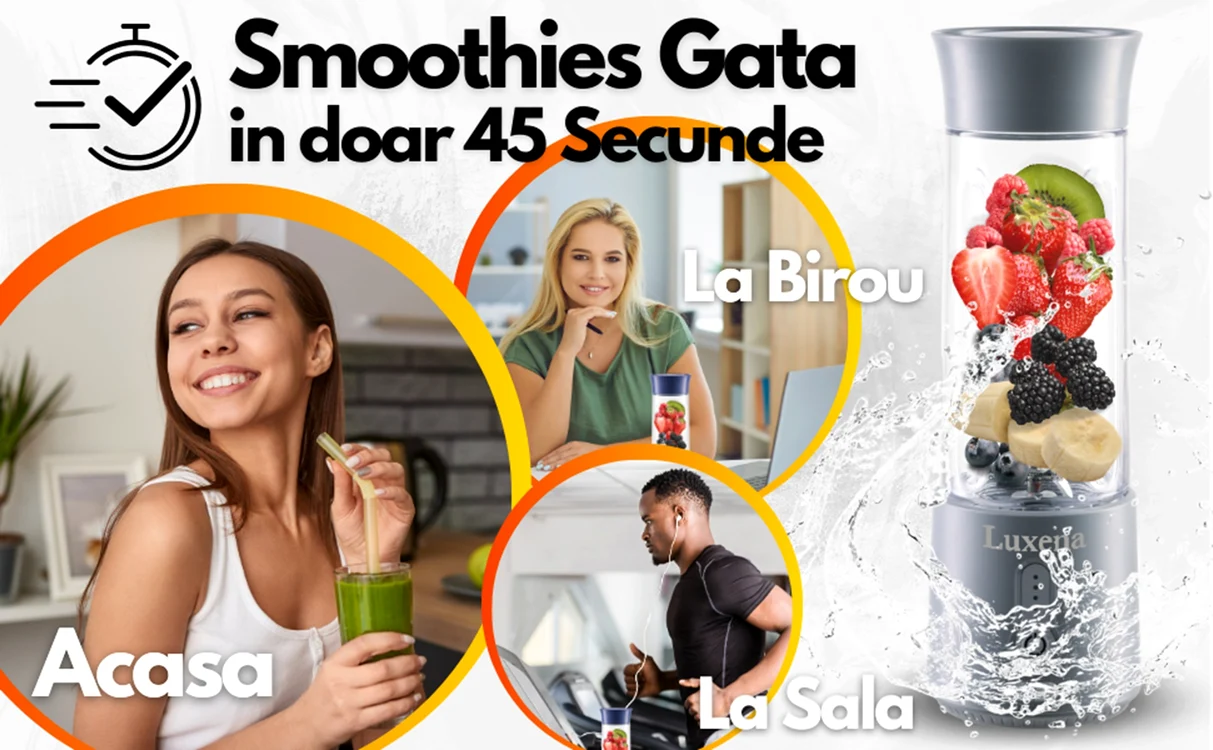 Prezentare blender portabil Luxena preparând rapid un smoothie pentru multiple situații Foto eMAG