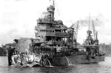 USS New Orleans with missing bow in Tulagi Harbor jpg
