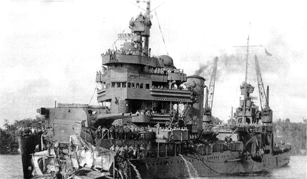 USS New Orleans with missing bow in Tulagi Harbor jpg