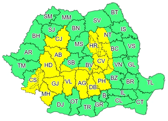 Regiunile vizate de fenomenele meteo cu potențial periculos. Surs: ANM
