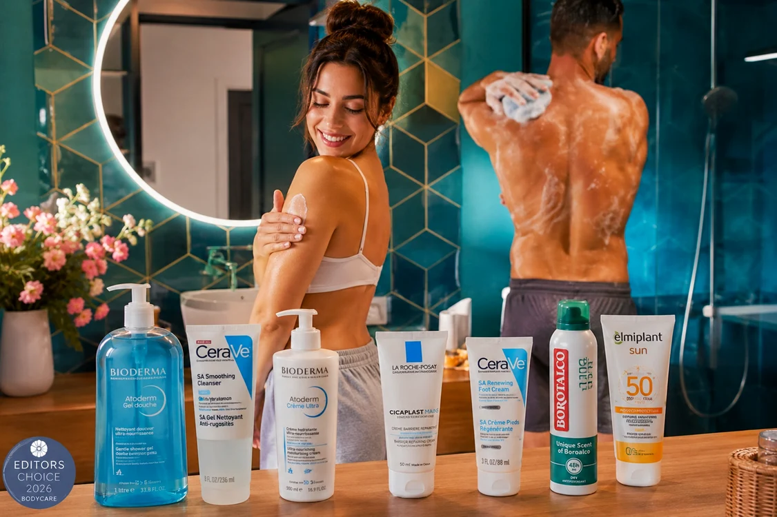 Femeie ce aplică loțiune de corp și bărbat care face duș în baie cu produse bodycare DMS/Adevărul