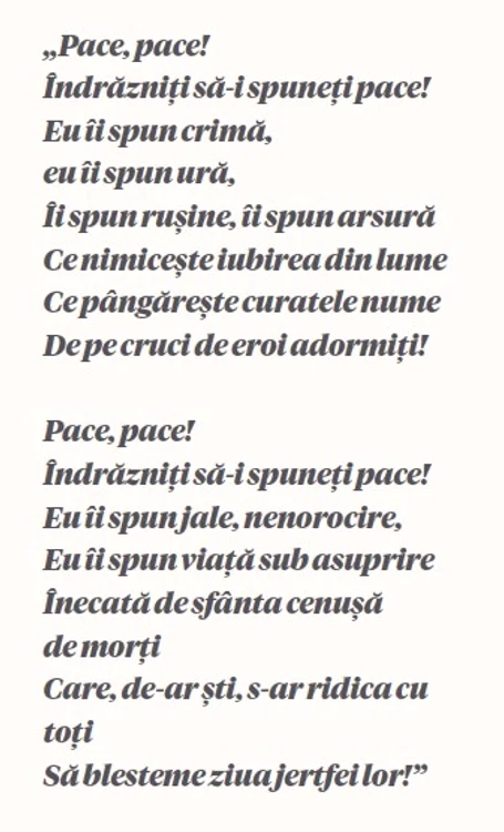 Fragment dintr-o poezie scrisă de Regina Maria în perioada negocierilor pentru pace din februarie-martie 1918