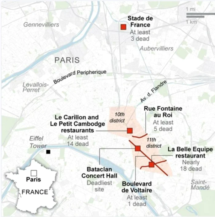 Atentatele din Paris-filmul evenimentelor: Harta cu locurile unde au lovit teroriștii