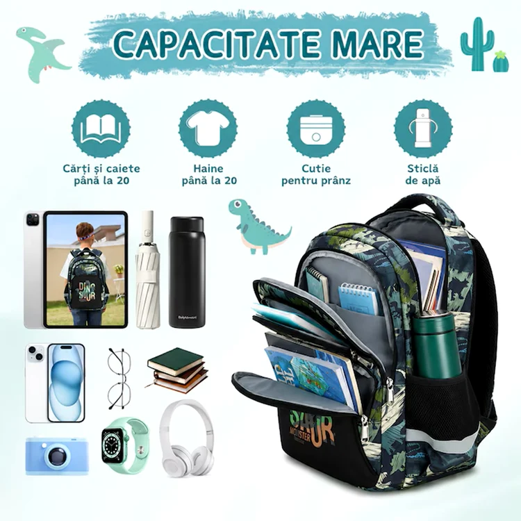 Ghiozdan ergonomic Giftry cu imprimeu Dinozauri și compartimentare generoasă