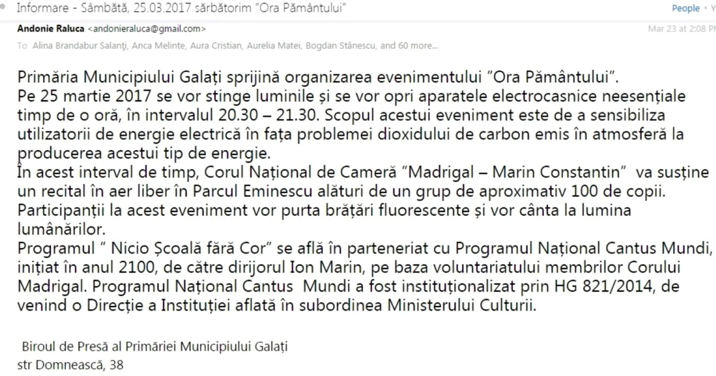 Print-screen după comunicatul primăriei Galaţi către presă