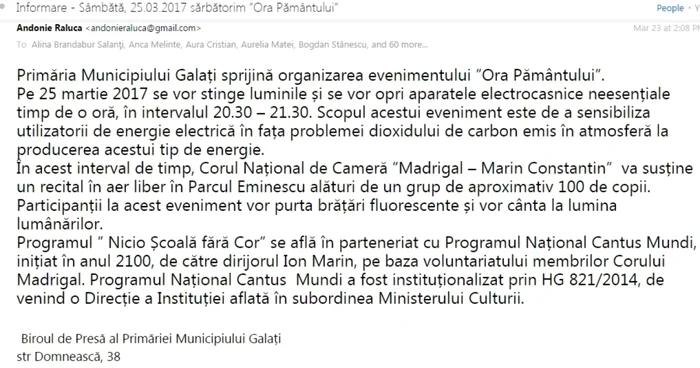 Print-screen după comunicatul primăriei Galaţi către presă