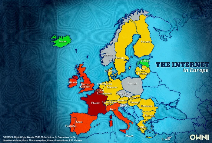 Harta libertăţii de mişcare pe Internet a ţărilor europene