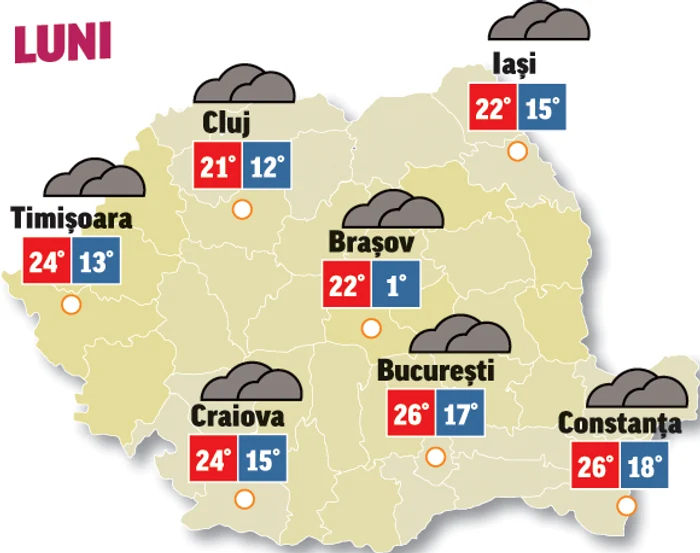 Săptămâna începe cu temperaturi ridicate, dar cu cer acoperit în majoritatea zonelor
