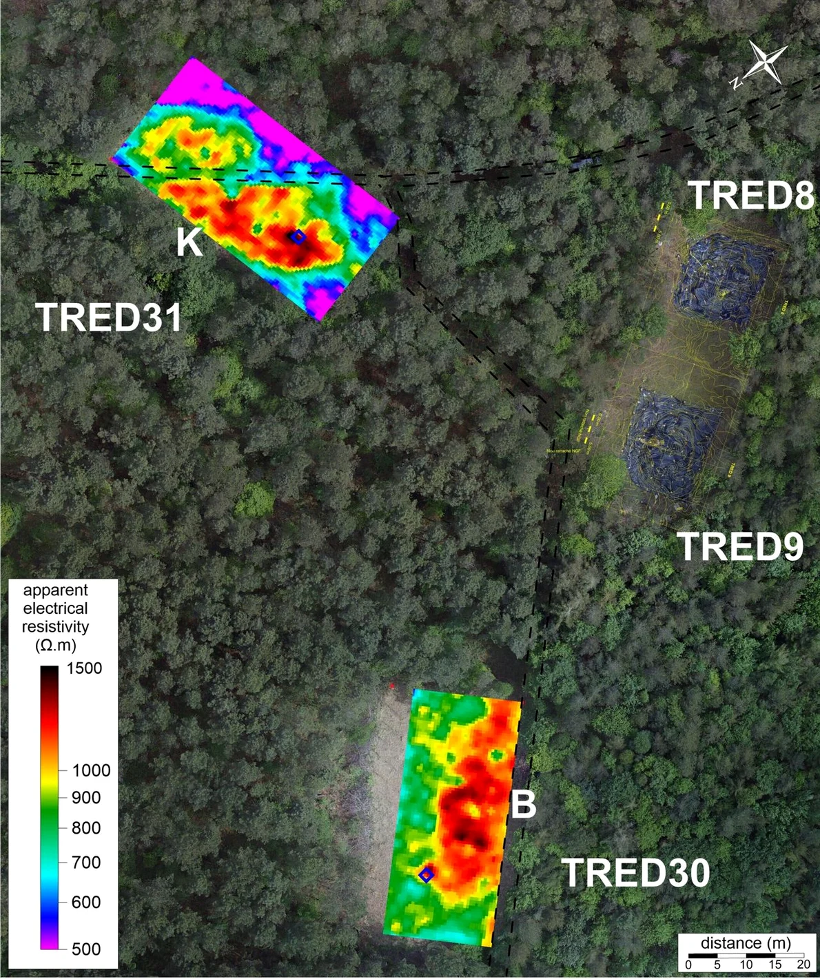 Cartografierea rezistivității electrice realizată de specialiștii francezi la movilele TRED30 și TRED31 de la Coëby (© Archaeological Prospection (2026). DOI: 10.1002/arp.70060)