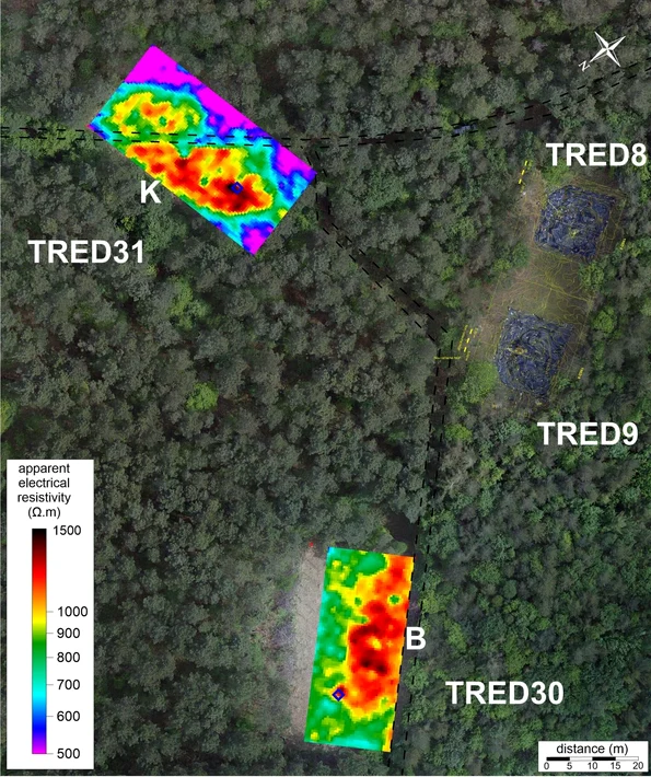 Cartografierea rezistivității electrice realizată de specialiștii francezi la movilele TRED30 și TRED31 de la Coëby (© Archaeological Prospection (2026). DOI: 10.1002/arp.70060)