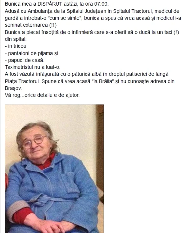 Acesta este mesajul postat de o nepoată a bătrânei pe o reţea de socializare