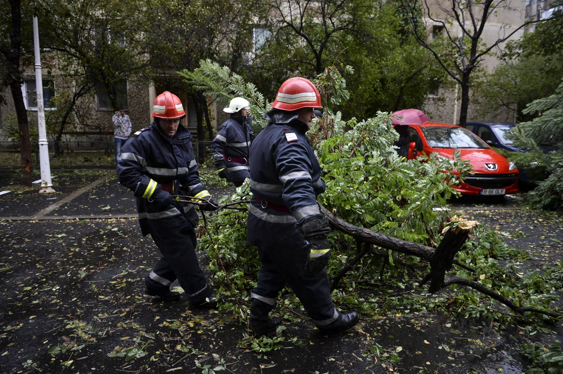 
    Pompierii intervin ca să îndepărteze copacul de pe mașină  