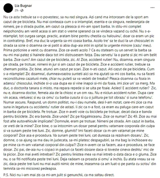 Mesajul postat pe pagina de Facebook dupa ce Lia Bugnar a ajuns la spital